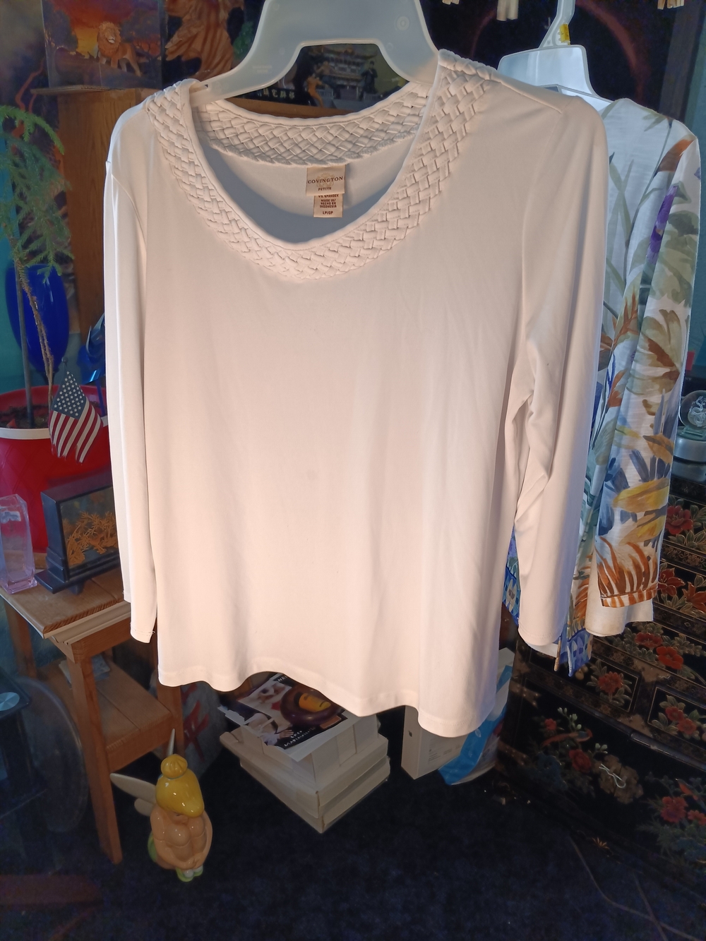 Covington White Braided-Neck Long Sleeve Top